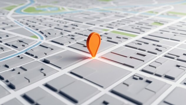 Location Marker on Map: A vibrant orange location marker pinpoints a specific spot on a detailed city map, signifying precise location and offering guidance. 