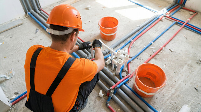 Plumber installing new water pipes in a building under construction, focusing on plumbing system installation and renovation, realistic construction photography.