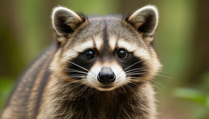 Obraz premium Curious Raccoon Gaze: A captivating close-up portrait of a raccoon, with a masked face, intense eyes, and an inquisitive expression, set against the blurred backdrop of a natural woodland.