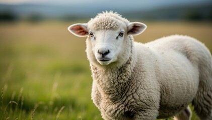Fototapeta premium Woolly Sheep in Pasture: A charming sheep with a thick, woolly coat stands attentively in a vibrant, grassy pasture, its soft features radiating gentle calmness.