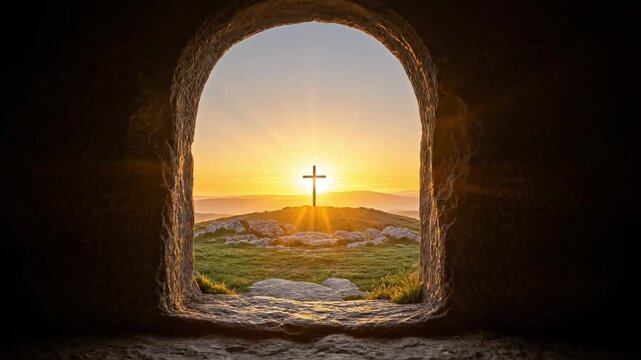 Resurrection morning empty tomb view with cross on hill at sunrise, Christian faith concept