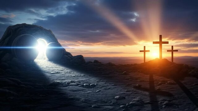 Christian Easter Sunday resurrection background with empty tomb and three crosses at sunrise