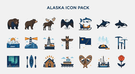 Fototapeta premium Diverse vector icon collection capturing the essence of Alaska, with unique symbols of wildlife, stunning natural landscapes, cultural heritage, and adventurous travel experiences