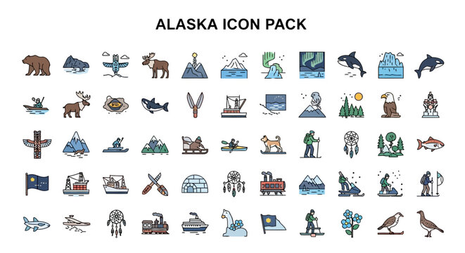 Comprehensive collection of Alaskan themed flat line icons depicting wildlife, nature, outdoor activities, and travel essentials for various design projects