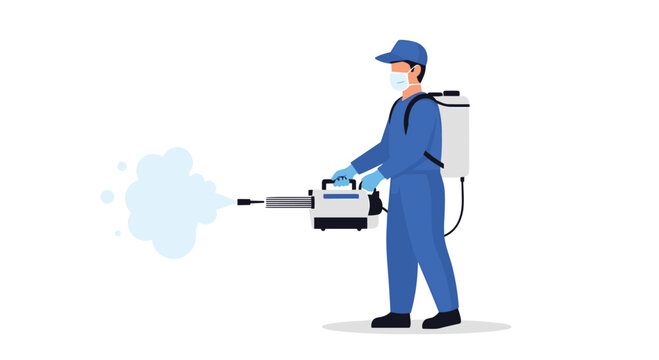 A professional worker wearing a protective mask and blue uniform operating a chemical fogger with a backpack sprayer for disinfection.