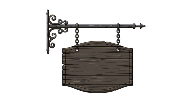 An ornate dark brown wooden sign with a weathered texture is suspended by decorative metal chains from an intricate wrought iron bracket.