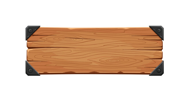 A horizontal rectangular wooden board displaying visible grain patterns is secured with dark grey metal corner brackets.