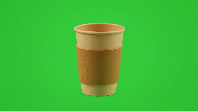 Compostable coffee cup 360 view eco lifestyle sustainability branding minimal design recyclable packaging product advertising rotation slowmotion on green screen background