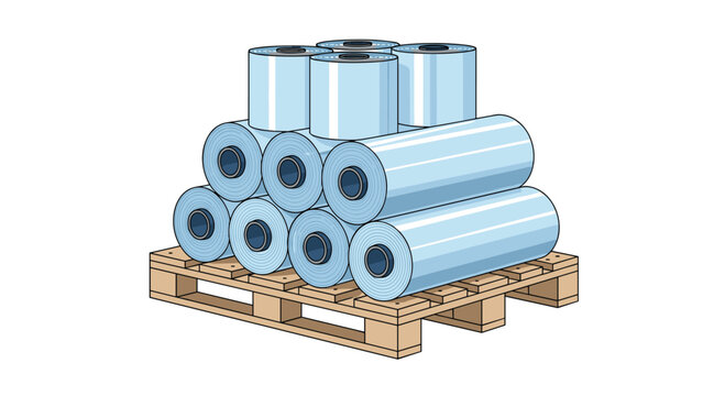 Numerous rolls of light blue plastic stretch film are neatly stacked in a triangular pyramid formation on a wooden shipping pallet.