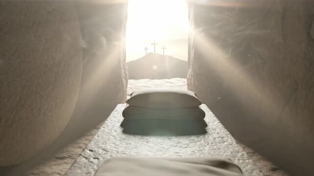 Biblical empty tomb scene with folded shroud and Calvary crosses for Christian Easter celebration