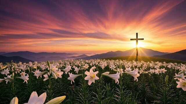 Easter Sunday Sunrise Service Background with White Lilies and Christian Cross on Hill