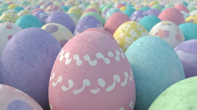 Endless field of pastel colored Easter eggs with floral and striped patterns for spring holiday background