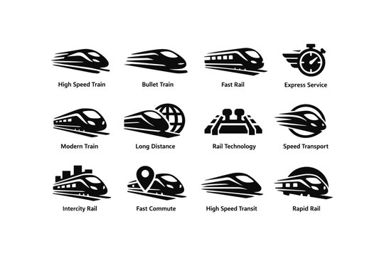 High speed train icon set illustrating modern rail and express services