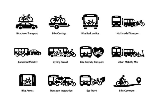 Multimodal transport icons: cycling, bus, train, eco travel integration