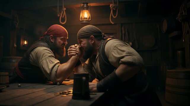Two tough pirates arm wrestling on a wooden table in a dark rustic tavern. Strong bearded sailors competing for gold coins under a lantern light. Historical adventure concept.