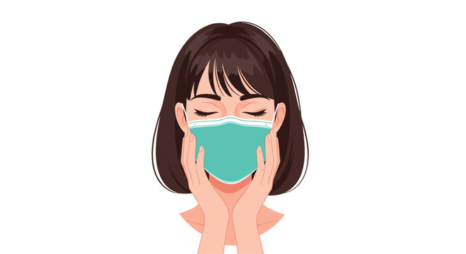 A young woman with short dark hair and bangs wearing a teal medical face mask, gently holding her cheeks with both hands against a plain white background.