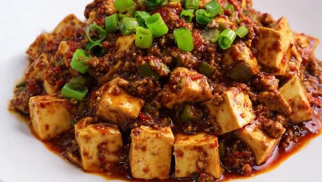 Spicy Sizzling Mapo Tofu in a Traditional Clay Pot, Soft Silken Tofu Cubes Simmering in Rich Red Chili Oil Sauce with Ground Pork, Fermented Black Beans, and Sichuan Peppercorns, Garnished with Fresh 