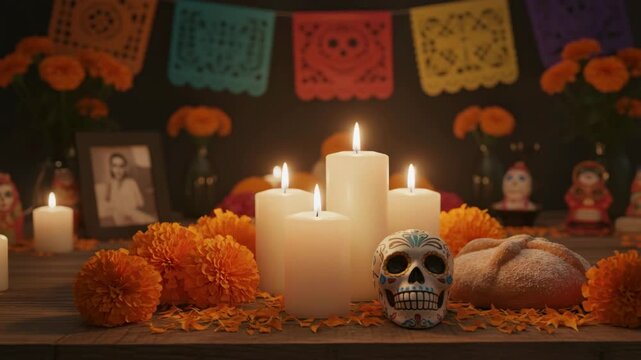 Traditional Day of the Dead ofrenda with burning white candles, sugar skull and marigold flowers on a wooden table. Mexican cultural celebration and remembrance concept background.