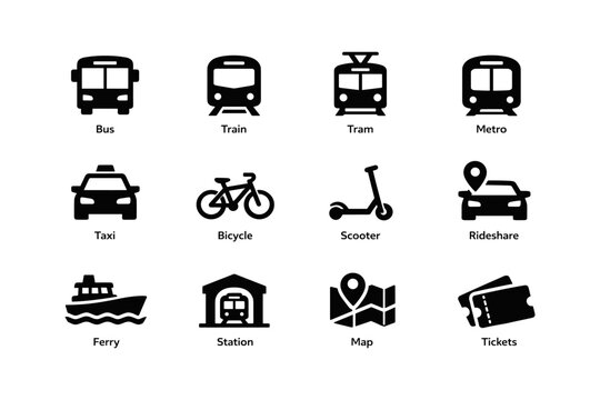 Transportation icons: bus, train, tram, metro, taxi, bicycle, scooter, rideshare, ferry