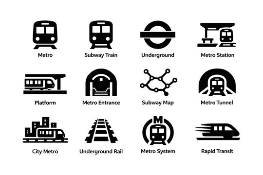 Metro and subway icons set: train, station, map, tunnel, and rapid transit symbols