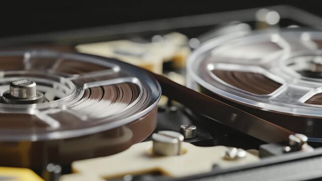 Close-up of a cassette rewinding inside a vintage audio player, showcasing the retro sound and memory concept