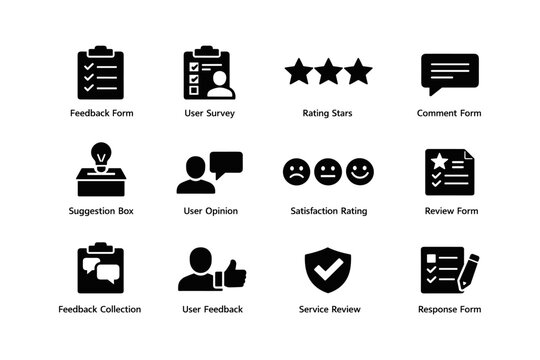 Icon set: feedback forms, surveys, ratings, and user opinions