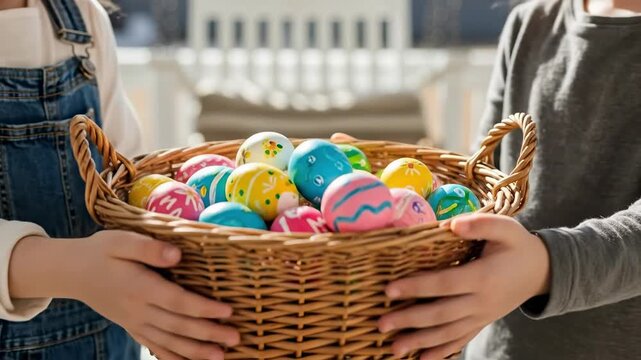 Sibling children sharing a wicker basket of decorated Easter eggs during a spring holiday celebration