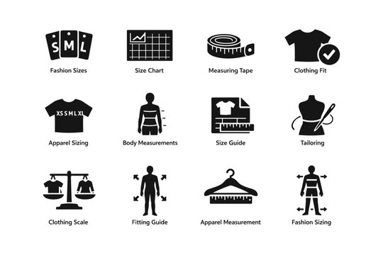 Apparel sizing icons: fashion sizes, charts, measurements, tailoring, fitting guides