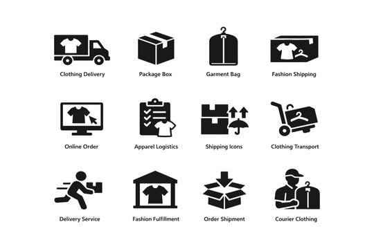 Clothing delivery and shipping icons set for fashion logistics and online ordering