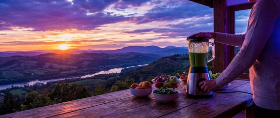 Fototapeta premium Making a fresh green smoothie in a blender during a stunning sunset over a scenic valley with mountains and a river, emphasizing a healthy lifestyle, wellness, and natural beauty at dusk.
