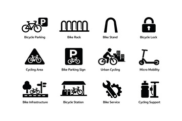 Naklejka na ściany i meble Icon set illustrating bicycle parking and urban cycling infrastructure