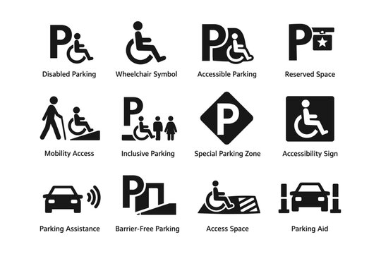 Accessible parking icons: mobility, inclusive, reserved spaces, barrier-free assistance