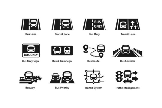 Public transport icons: bus lane, transit route, traffic management, busway, transit system symbols