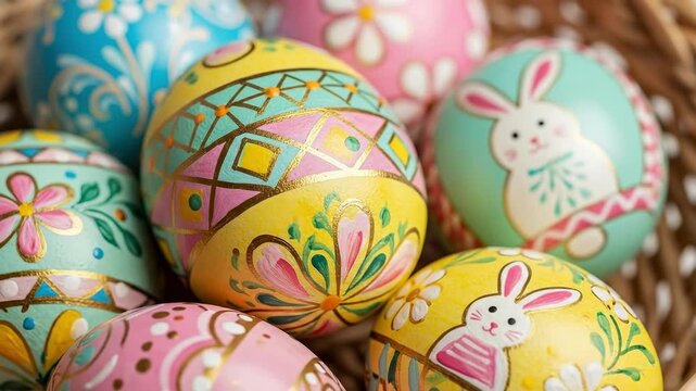 Traditional hand-painted folk art Easter eggs with floral patterns and cute bunny illustrations