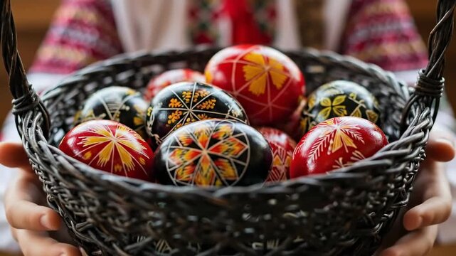 Young girl in traditional Ukrainian vyshyvanka holding a basket of hand-painted Pysanky Easter eggs