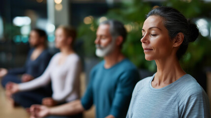 Obraz premium Faceless group enjoying guided meditation in serene environment, holistic health practices, community wellness, mindfulness gathering, with copy space
