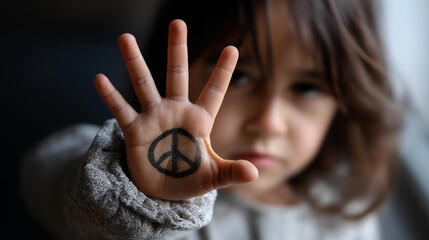 Faceless child's face obscured by hand with anti-war and weapon symbol promoting peace and anti-violence messages, youth advocacy, with copy space