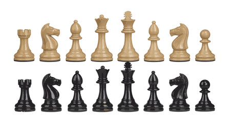 Chess pieces set collection featuring black and white figures for strategy game competition on white surface © Farik