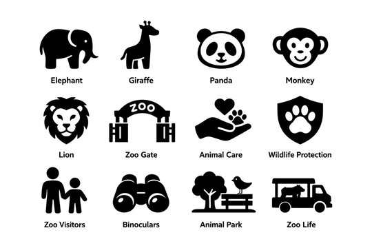 Zoo icon set: elephant, giraffe, panda, monkey, lion, zoo gate, animal care, wildlife protection