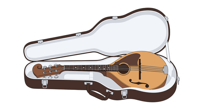 A light brown mandolin with darker brown details is displayed inside an open, dark brown hard shell case with a light grey padded interior.