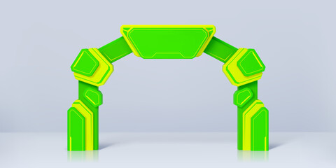 Naklejka premium Modern exhibition green and yellow event arch or entrance gate mockup, vector 3D template. Event arch for exhibition or expo entry archway in acid colors for futuristic or technology style entrance