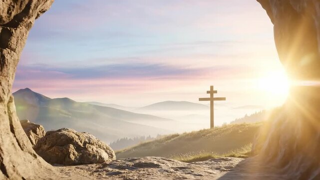 Resurrection of Christ Empty Tomb with Orthodox Cross at Dawn for Pascha