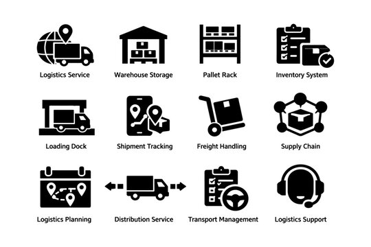 Logistics and supply chain management icons set for distribution and inventory