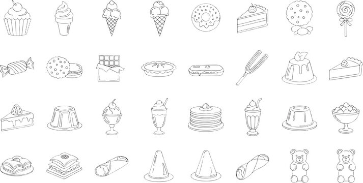 Collection of hand drawn black and white dessert and candy line cupcake ice cream cone ice cream sundae