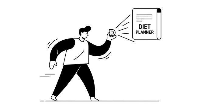 Healthy eating choices and meal planning for a balanced lifestyle, tracking progress with a digital device and a structured diet plan for wellness goals