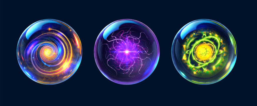 3d magic ball spheres with neon glow and magical cores inside. Fiery spiral, vibrant plasma burst and glowing atomic formation enchanted crystal spheres. Vector glowing wizard orbs with swirl energy