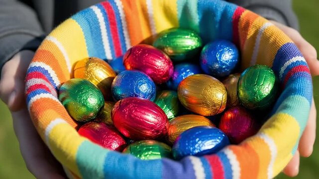 Child holding a reusable striped fabric basket with chocolate Easter eggs during a spring celebration