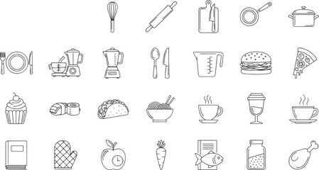 Collection of black and white outline for cooking food and kitchen utensils