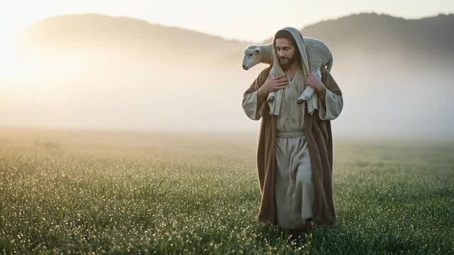 Jesus Christ as the Good Shepherd carrying a white lamb through a misty morning field