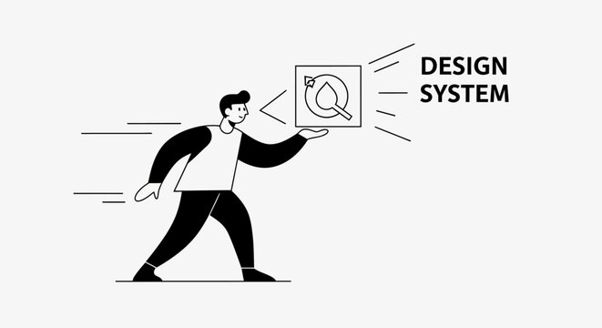 Illustration of a person presenting a digital design system icon with lines extending to the words 'Design System'